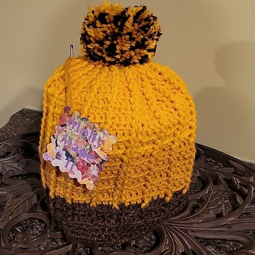 Handmade pom-pom hat beanie with fleece lining at ears crochet